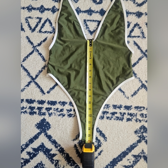 Olive Green Low Neckline High Leg Thong Swimsuit Or Bodysuit, M - Picture 5 of 12